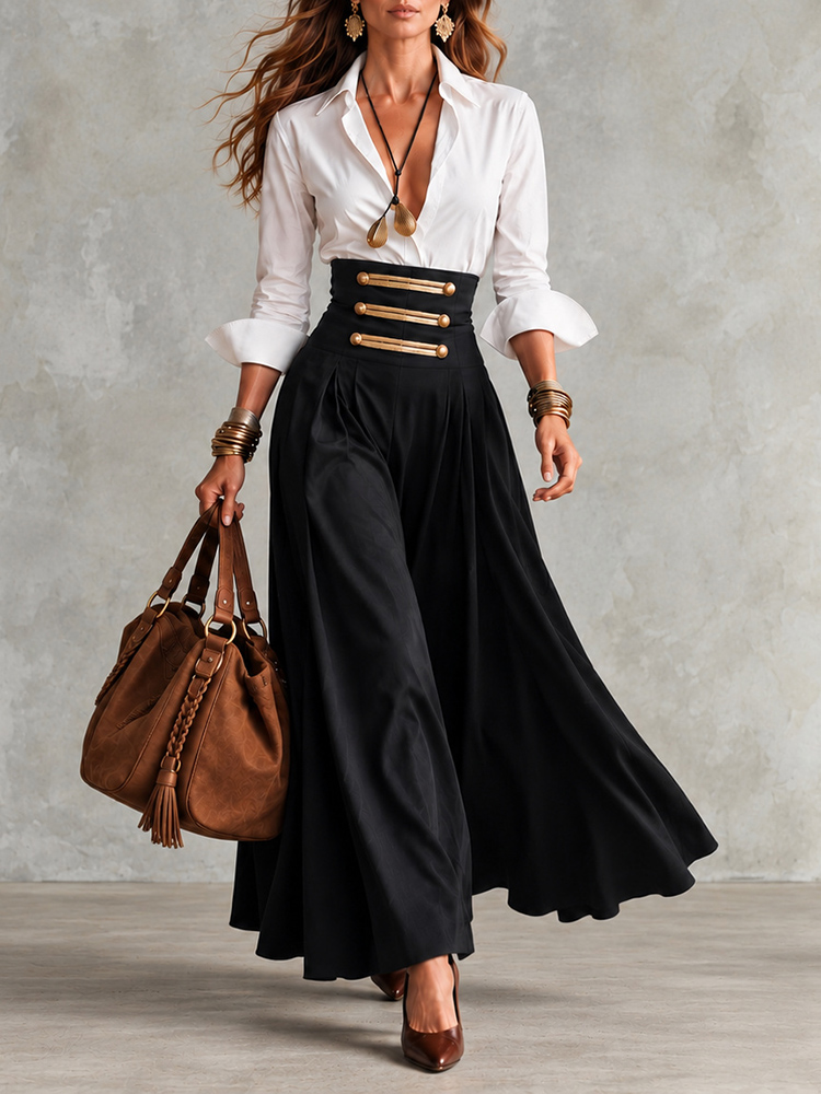 White Shirt And High-waisted Full Skirt Two-piece Set