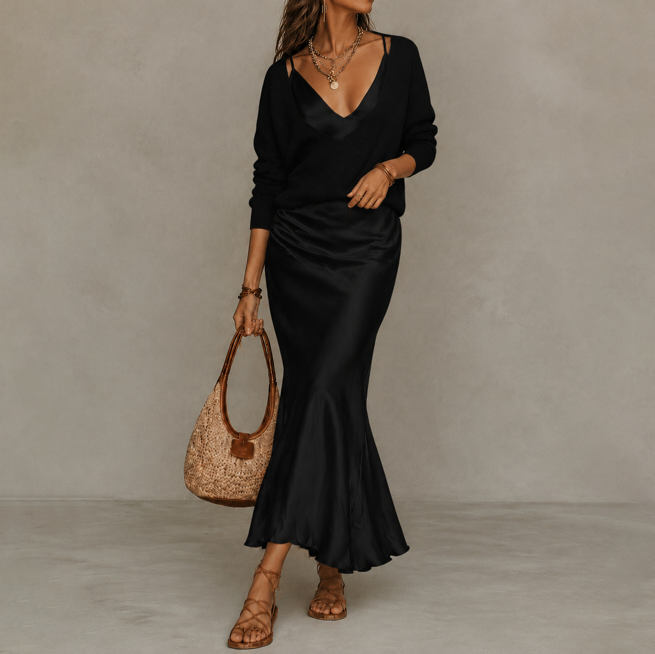 V-Neck Knit Sweater Satin Maxi Skirt Two-piece Set