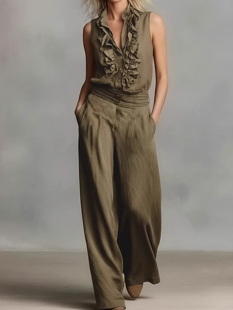 Simple Linen Blend Sleeveless Shirt And Wide-leg Pants Set