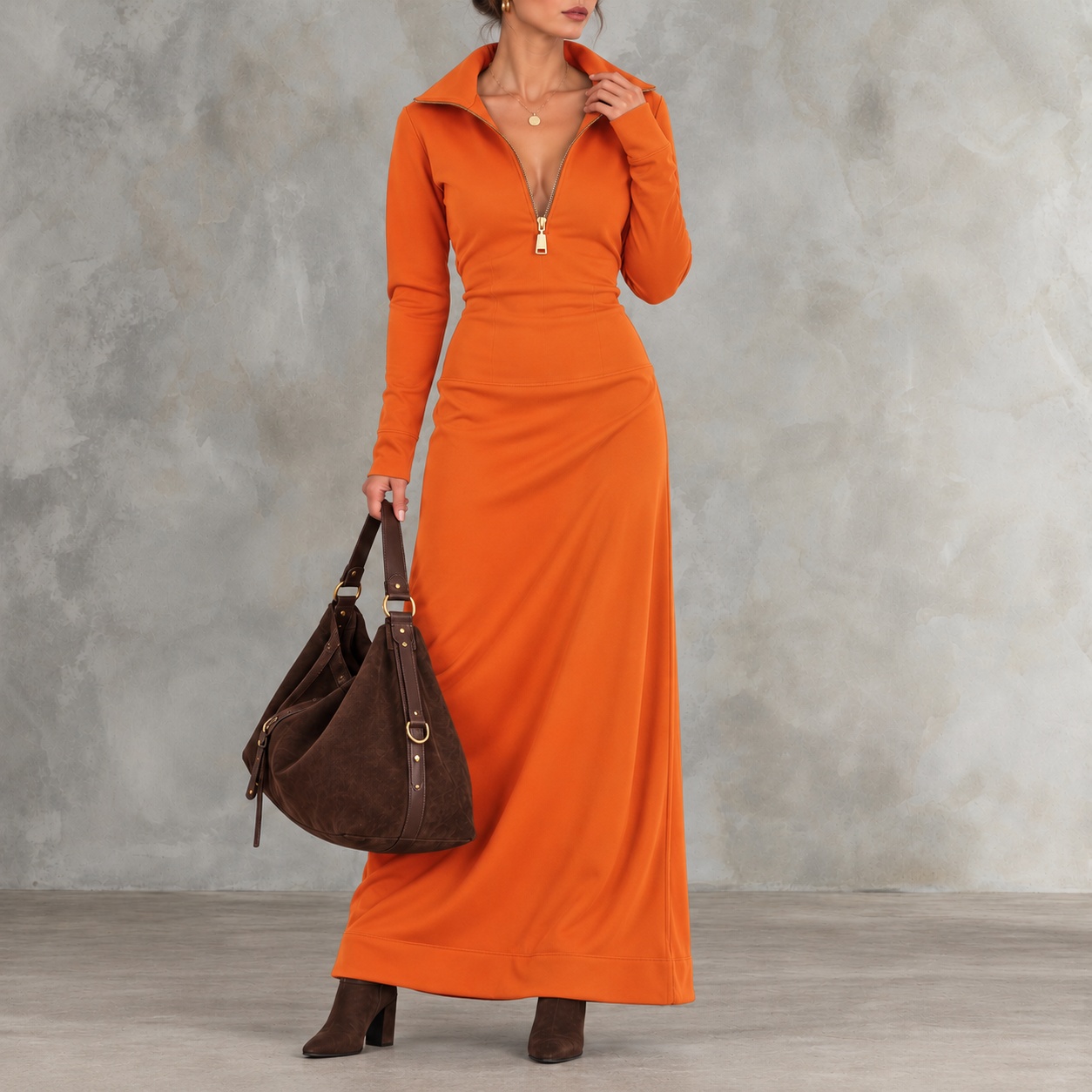 Elegant Solid-color Long-sleeve Casual Polo With A Half-zip Collar Maxi Dress
