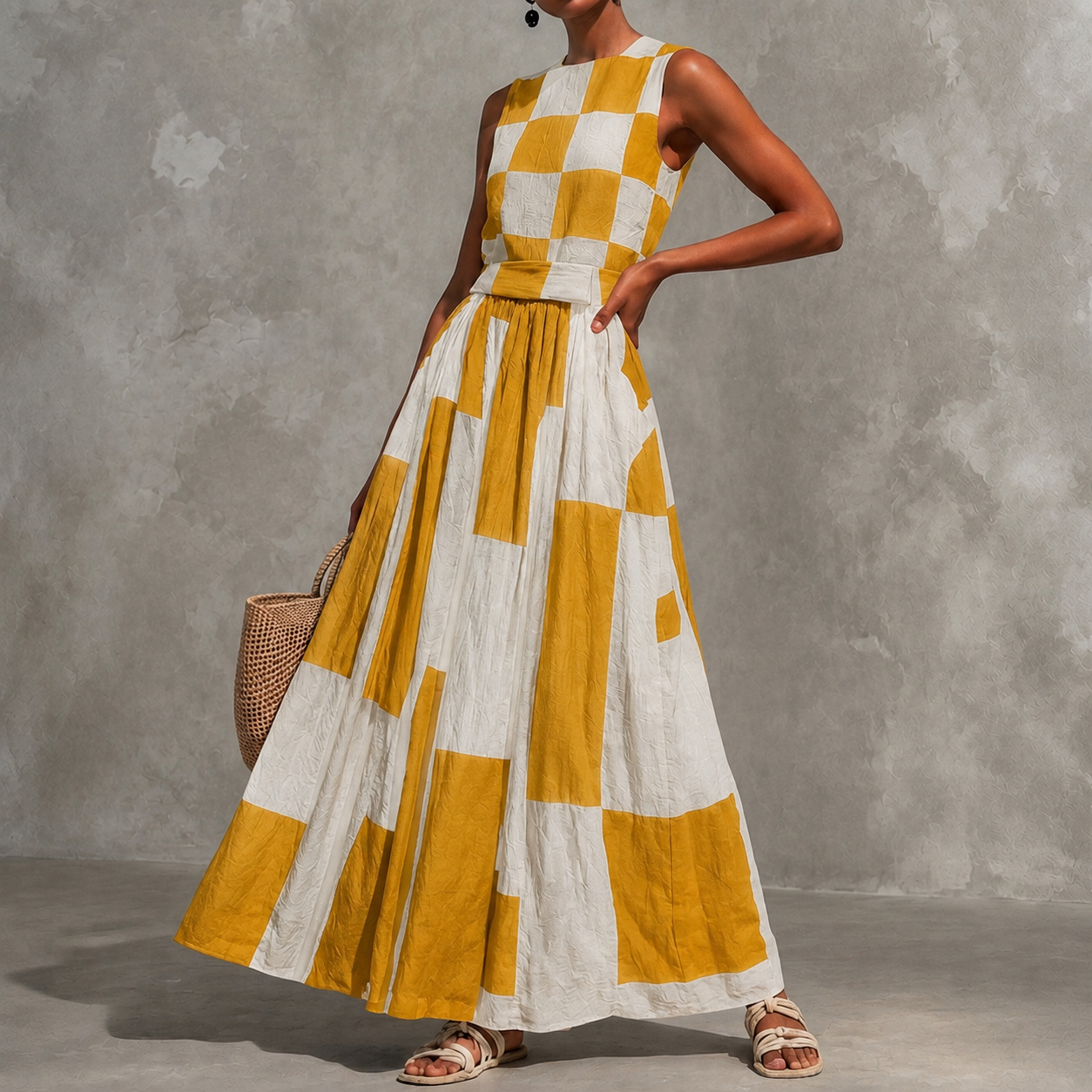 Vacation Checkered Sleeveless Patchwork Maxi Dress