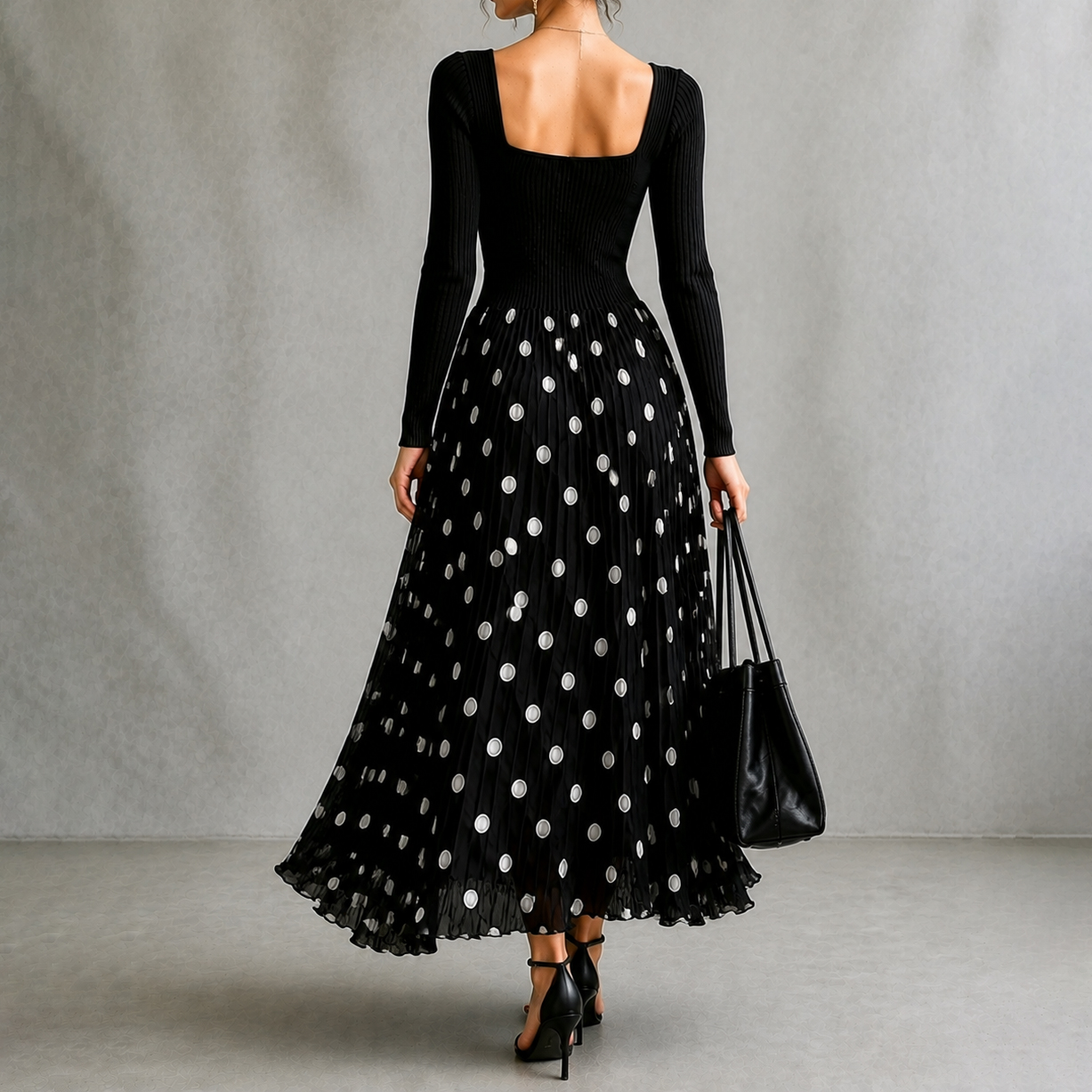 Elegant Stretch Fabric Polka Dot Square Neck Long Sleeve Maxi Dress