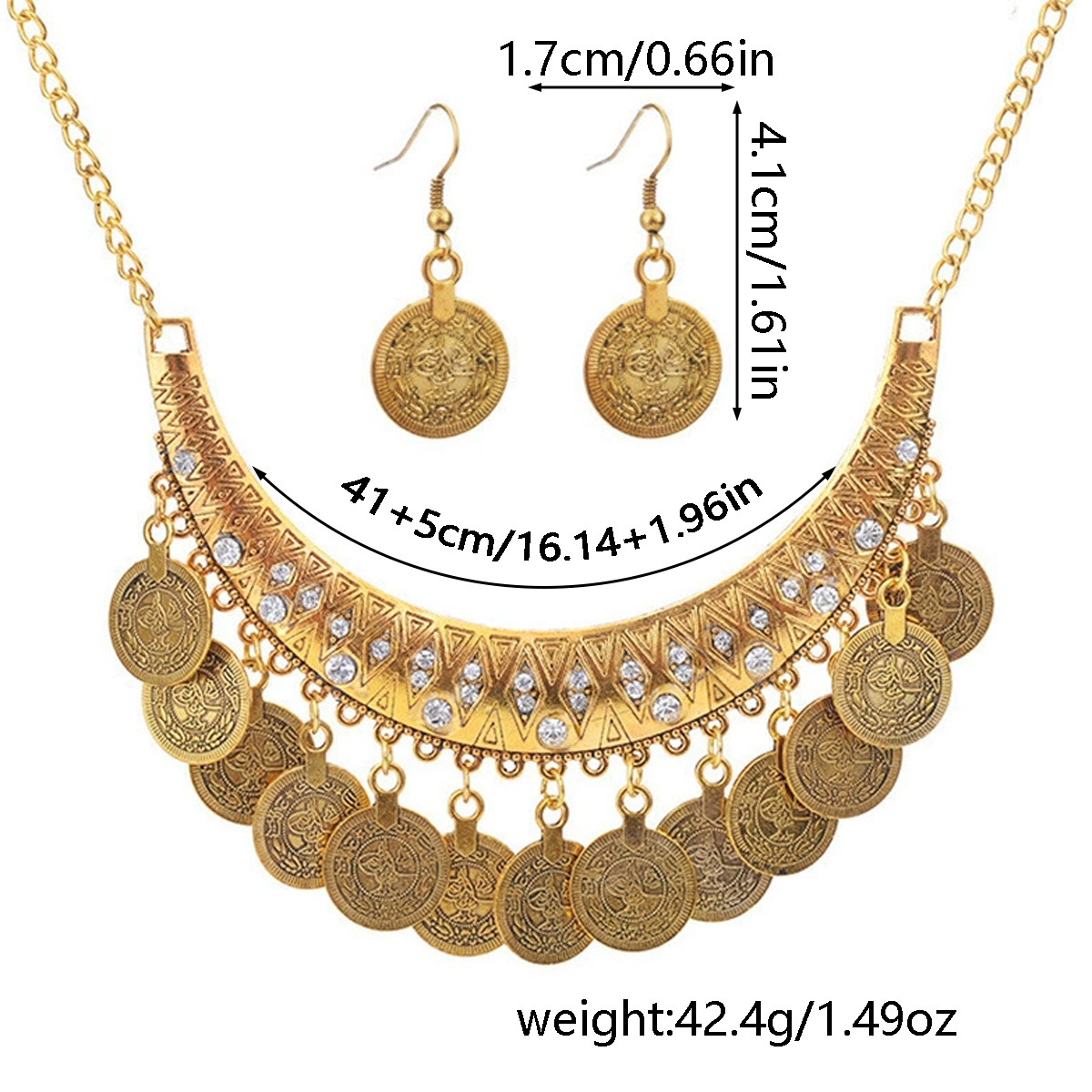 2pcs/set Vintage-style Rhinestone Coin Earrings And Coin Tassel Necklace Jewelry Set