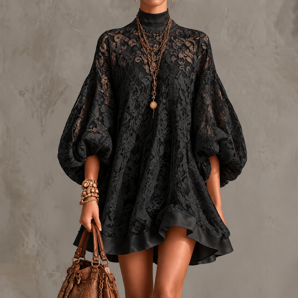 Retro Round-neck Lace Mini Dress