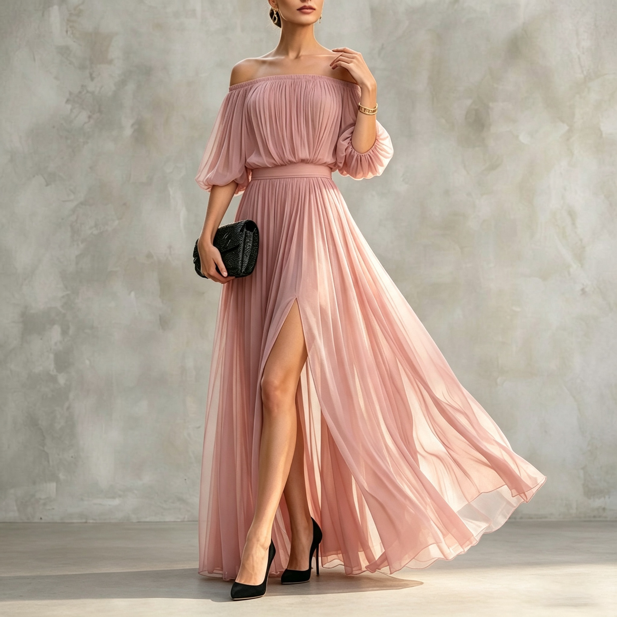 Off-shoulder Pleated Chiffon Maxi Dress