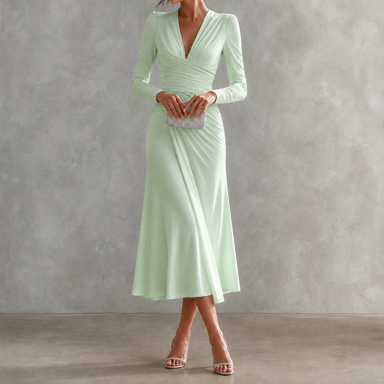 Elegant V-neck Pleated Irregular Long-sleeved Solid Color Maxi Dress