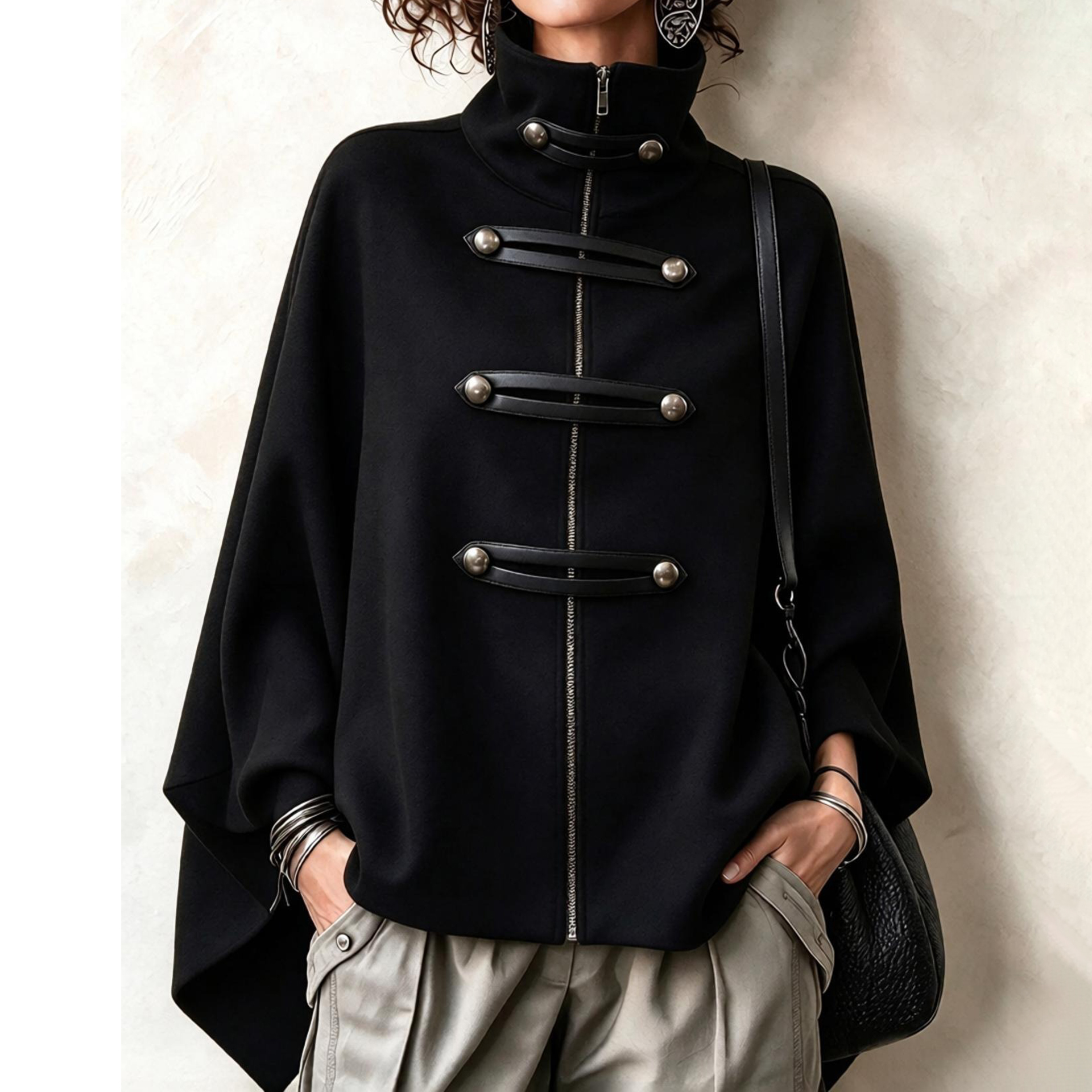 Women's Fall Winter Cozy Stand-collar Stud-embellished Zippered Cape Coat