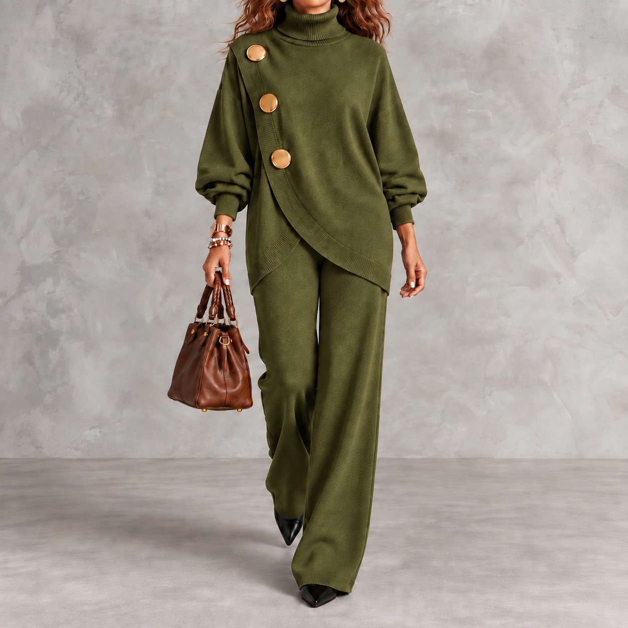 Asymmetric Pocket Button-detail Knit Sweater And Knit Trousers Two-piece Set