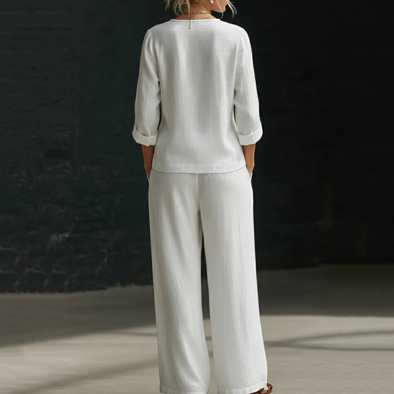 Minimalist Loose V-neck Slant-button Shirt And Wide-leg Pants Two-piece Set
