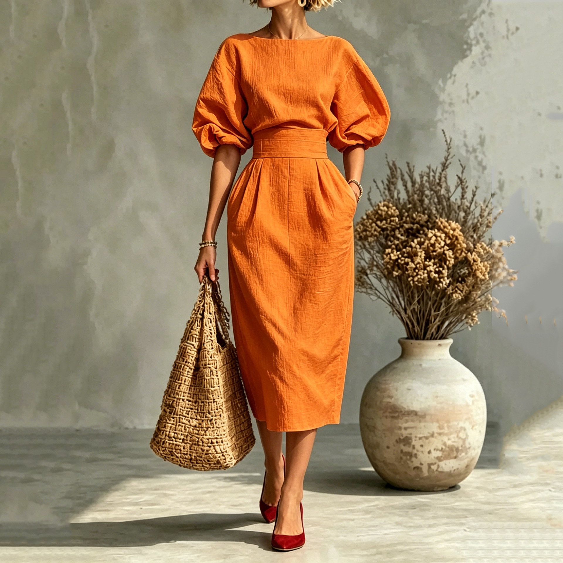 Elegant Pleated Waist Boat Neck A-line Skirt With Puff Sleeves Max Dress