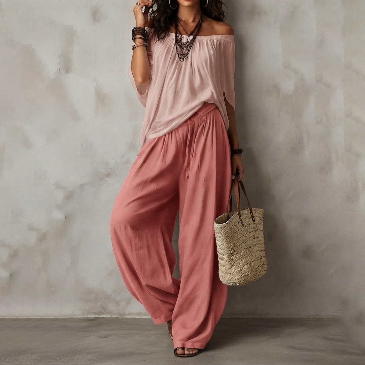 Retro Two-piece Set Wide-leg Pants + Off-the-shoulder Top