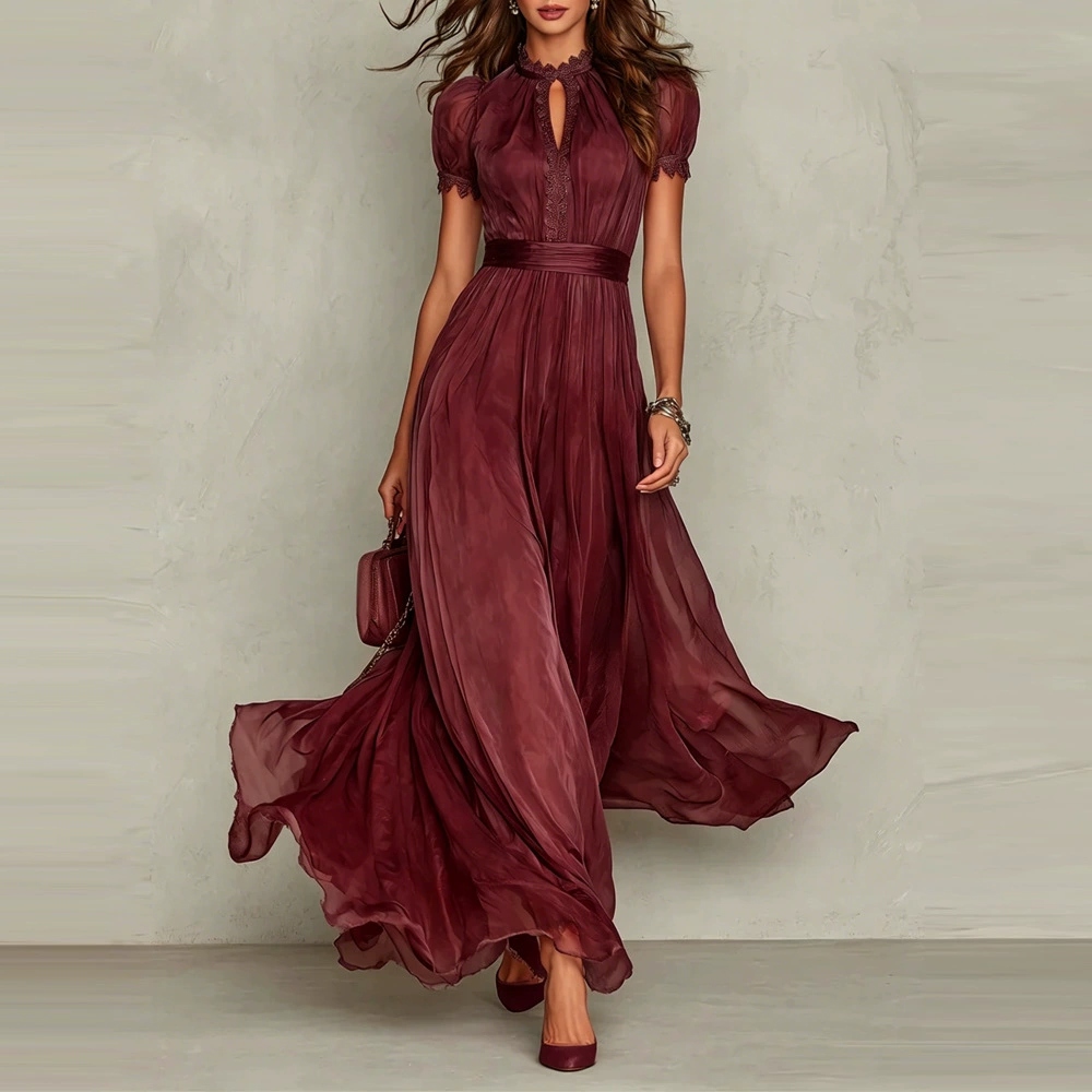 Elegant Turtleneck Lace Spliced ​​flowing Chiffon Dress