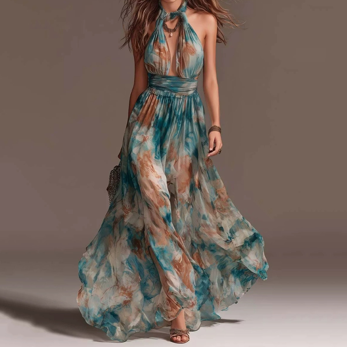 Bohemian Halter Smocked Waist Watercolor Print Maxi Dress