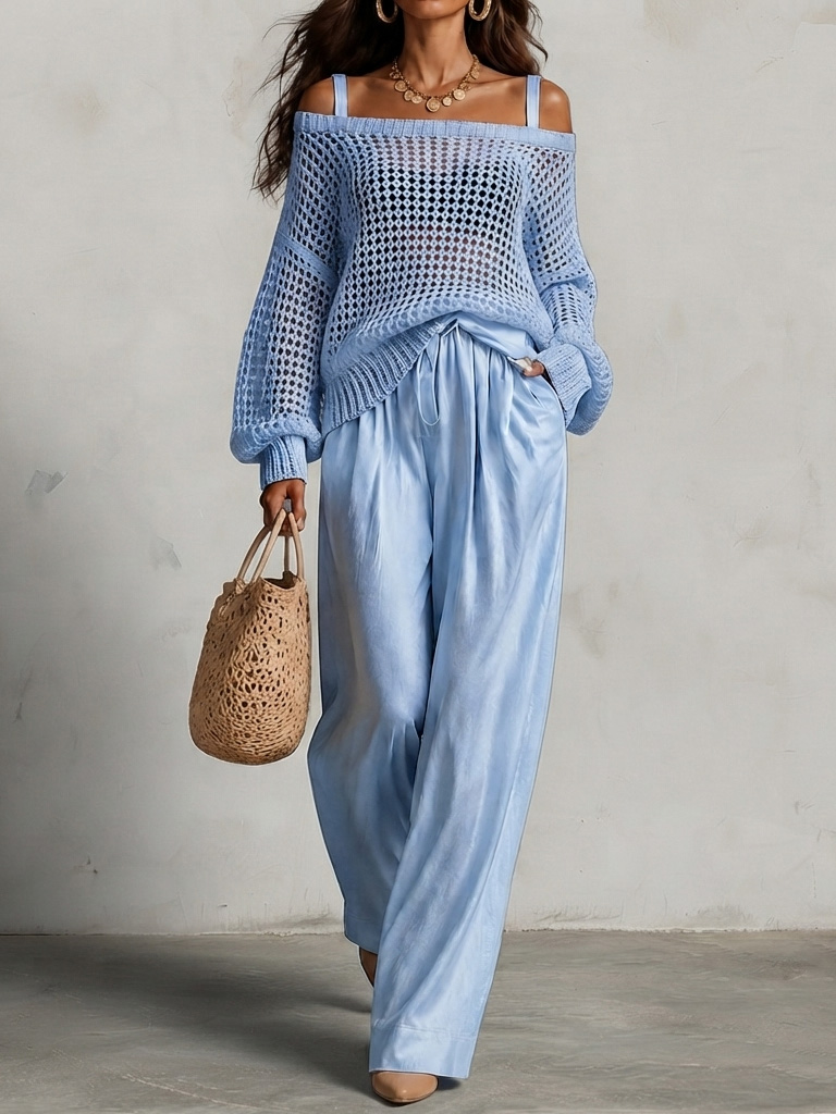 Elegance Two-piece Set: Openwork Knit Top And Wide-leg Pants