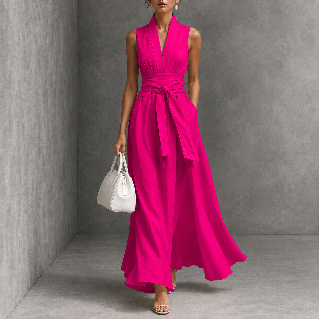 Elegant Solid Color V-neck Sleeveless Off-shoulder Fitted Waist Tie Maxi Dress