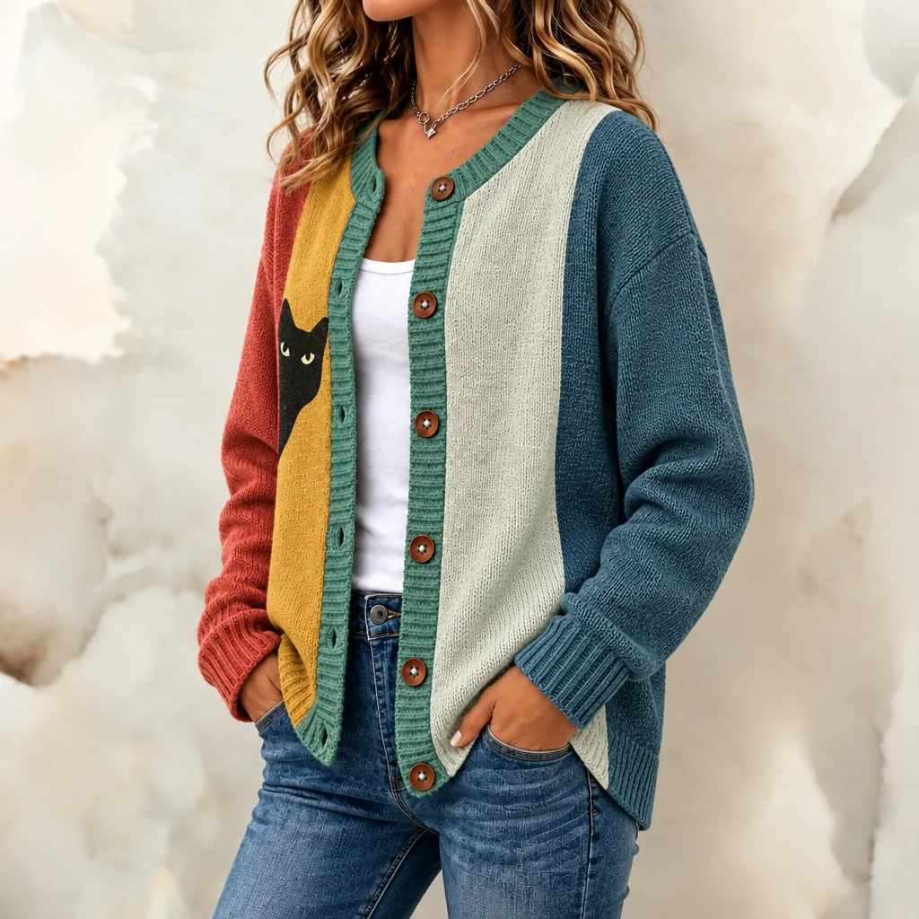 Playful Black Cat Colorblock Button Front Knit Cardigan Sweater