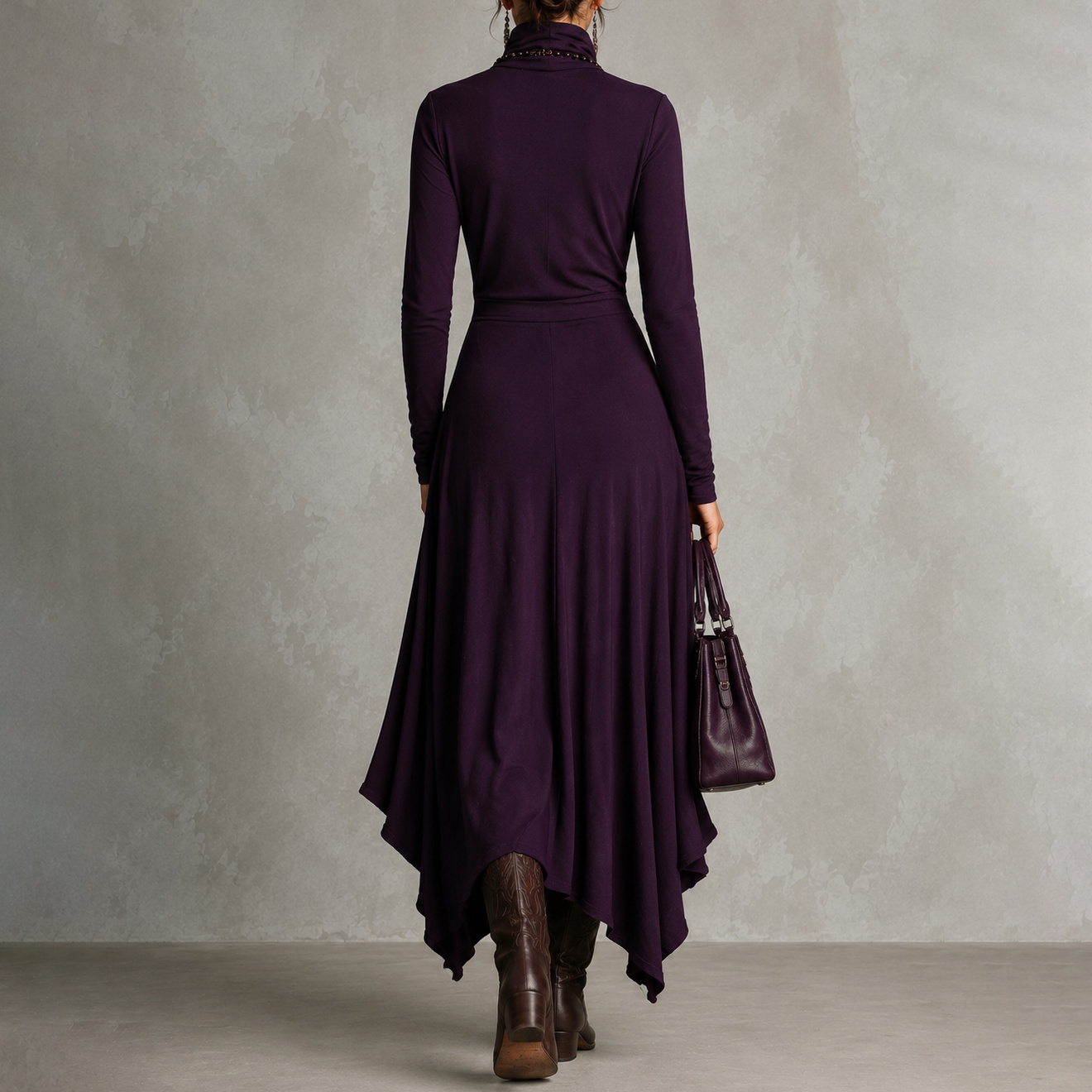 Retro Solid Color Long-sleeved Turtleneck Maxi Dress
