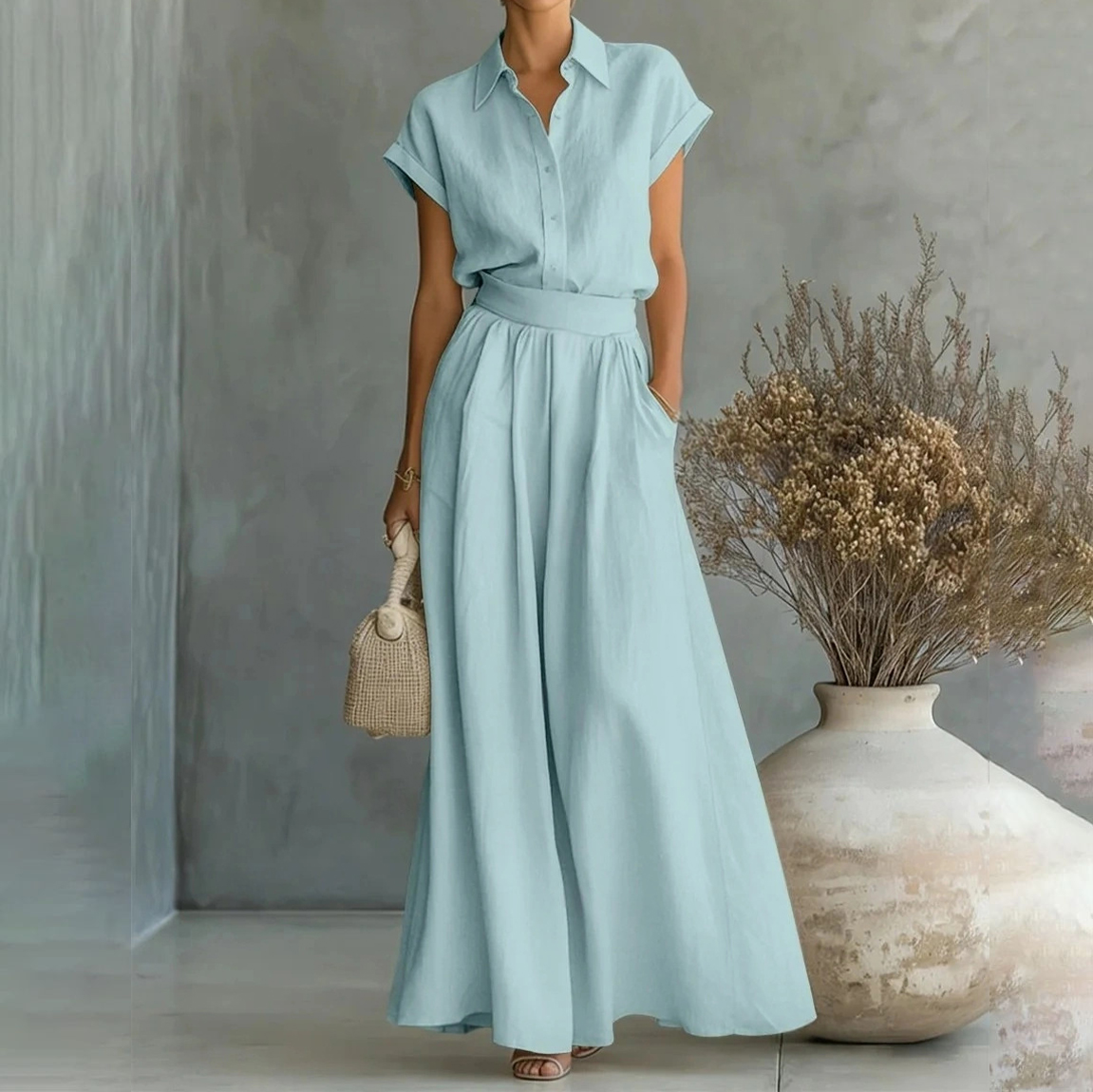 Fashion Casual Solid Color Shirt Wide-leg Pants Two-piece Set