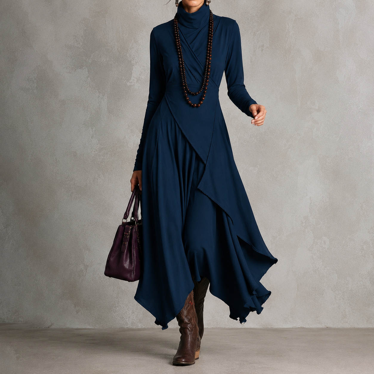 Retro Solid Color Long-sleeved Turtleneck Maxi Dress