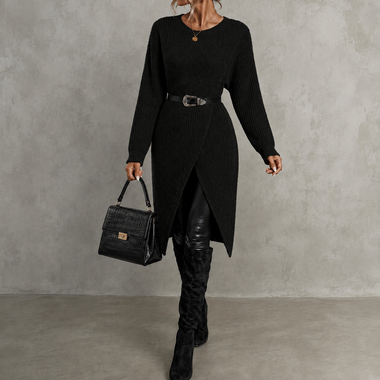 Elegant Crew Neck Long Knit Sweater