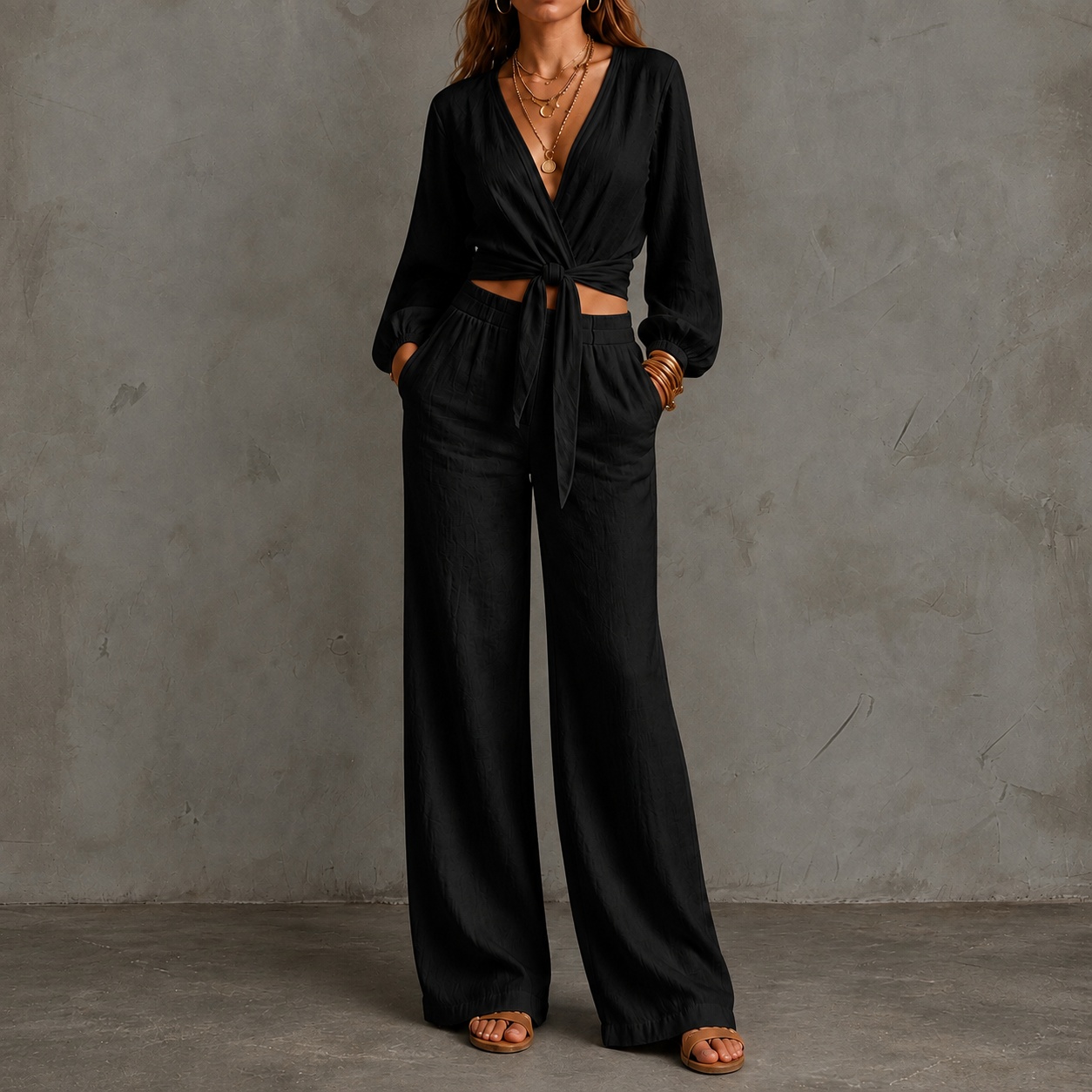 Fitted Waist Belted V-neck Top And Wide-leg Pants Two-piece Set