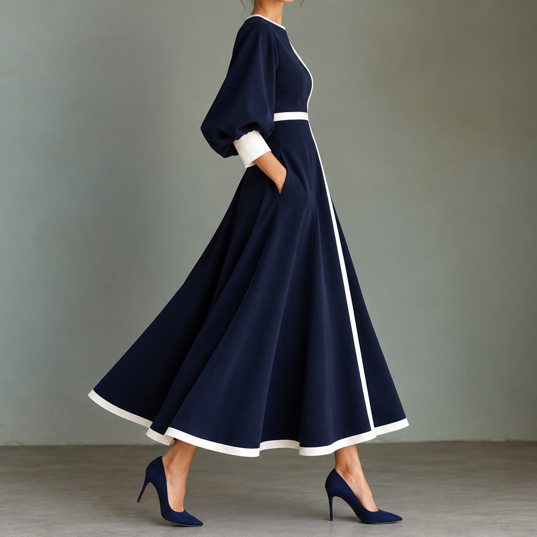 Elegant Three-quarter Length Lantern Sleeves Maxi Dress