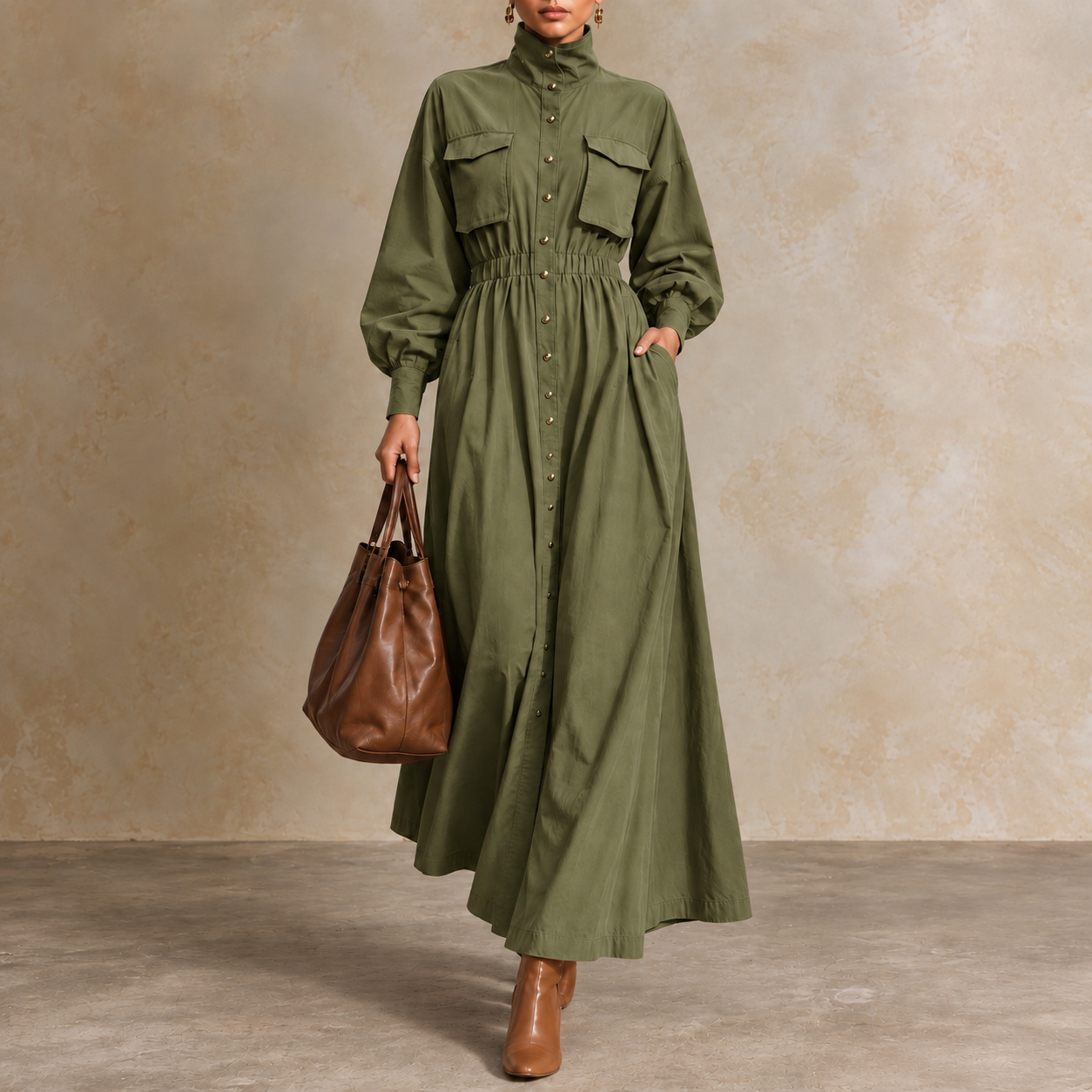 Retro Waist-cinching Stand-collar Button-front Dress Maxi Dress