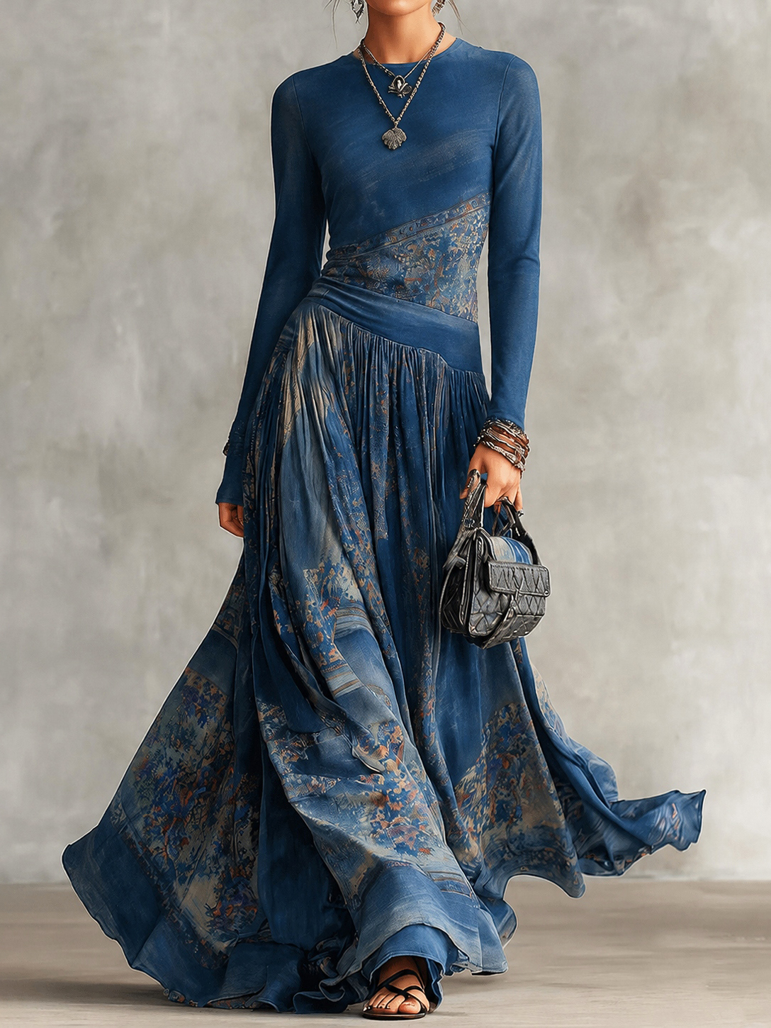 Elegant Retro Printed Long Sleeves Maxi Dress