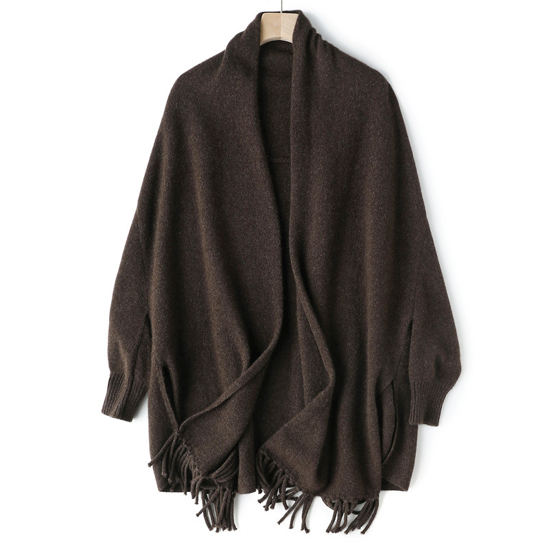 Elegance Yak And Cashmere Blend Batwing-sleeve Knitted Cardigan Shawl With Tassels