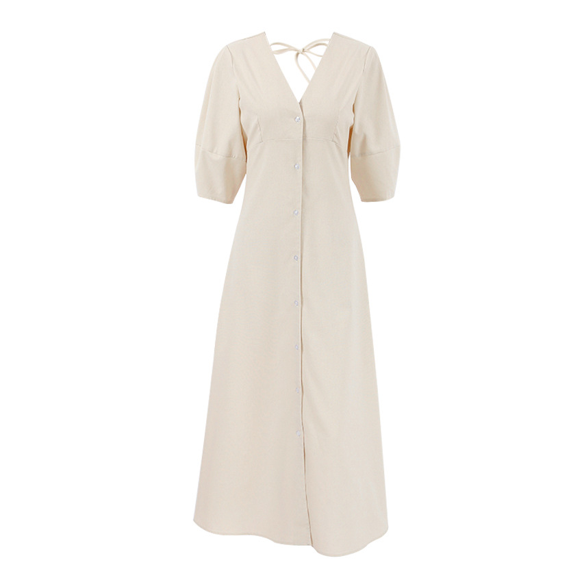 Vacation Cotton Linen Puff Sleeve V-neck Maxi Dress