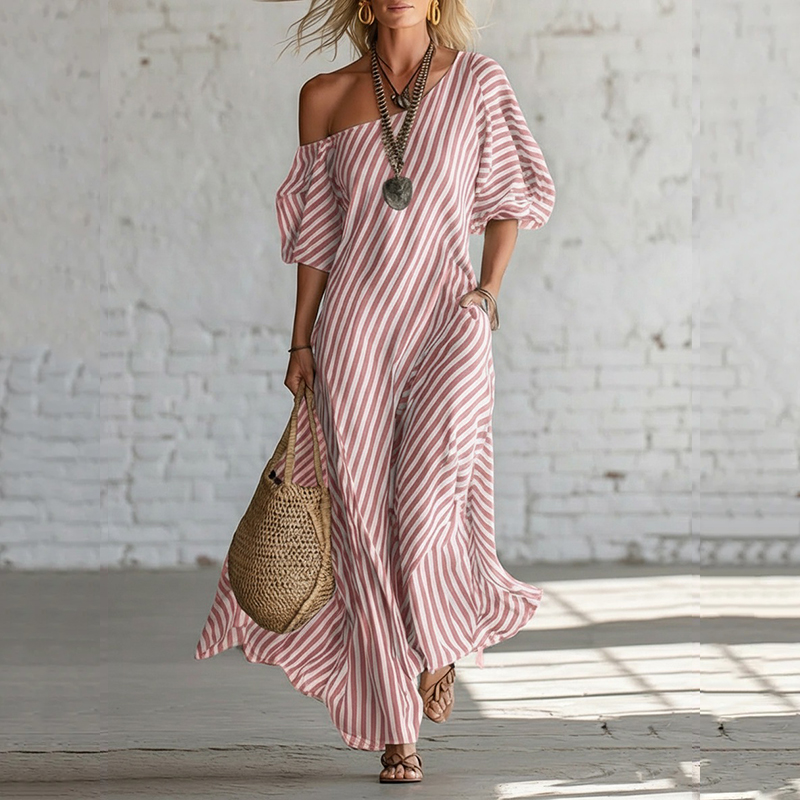 Women's Elegant Striped Off-shoulder Cotton Dress