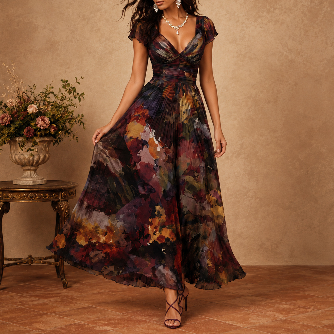 Retro Oil Painting Print V-neck Short-sleeved Chiffon Maxi Dress
