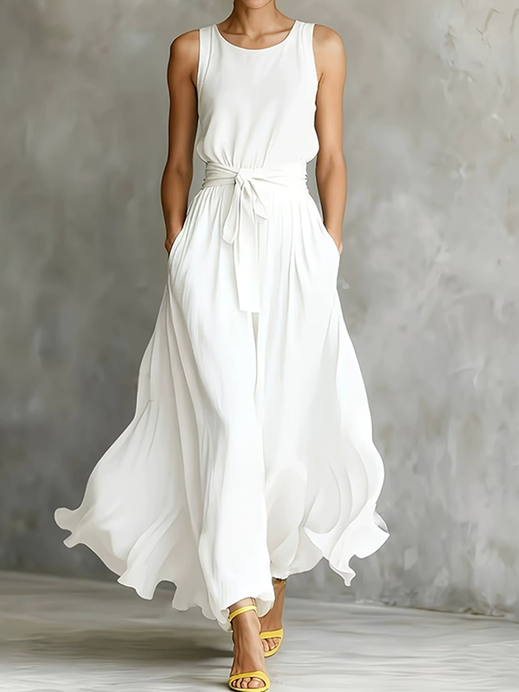 Elegant Loose Waisted Lace-up Long Hem Dress