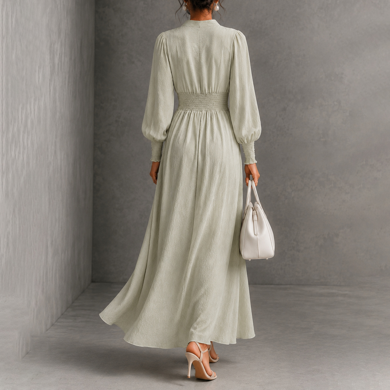 Elegance V-neck Belted Waist Long Sleevess Maxi Dress