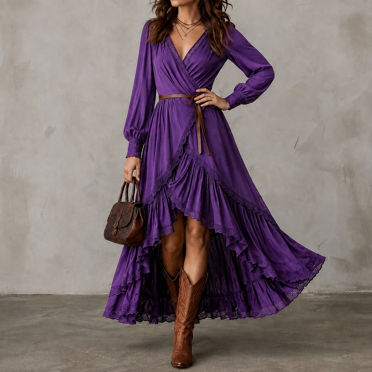 Retro V-neck Lace Trim Multi-layered Asymmetrical Hem Maxi Dress