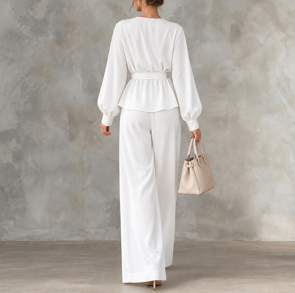 Elegance V-neck Long-sleeve Wide-leg Trouser Set