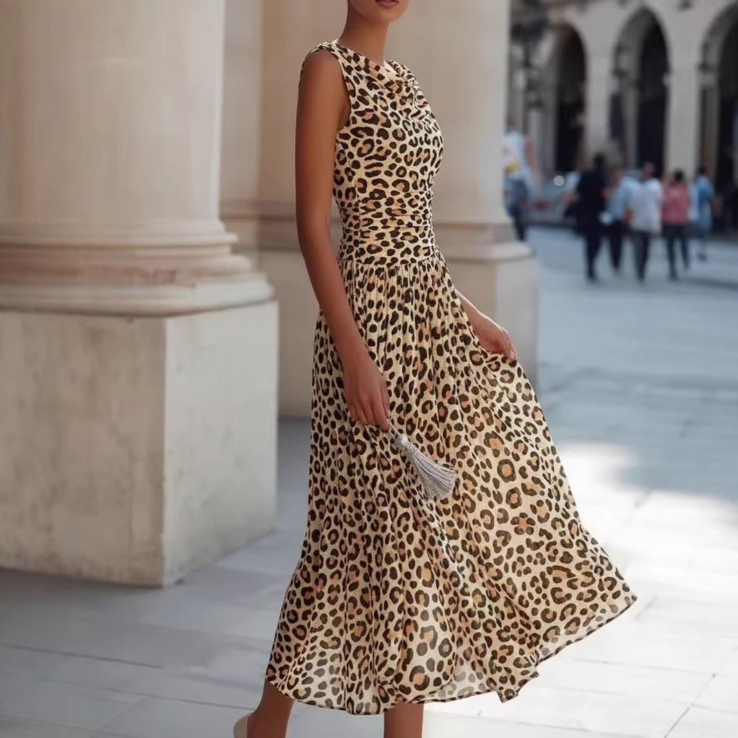 Retro French Sleeveless Pile Collar Waist Leopard Print Dress