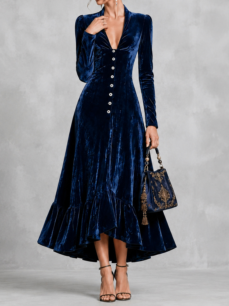 Elegant Solid Color Button-down Collar Long Sleeves Fitted Waist Maxi Dress