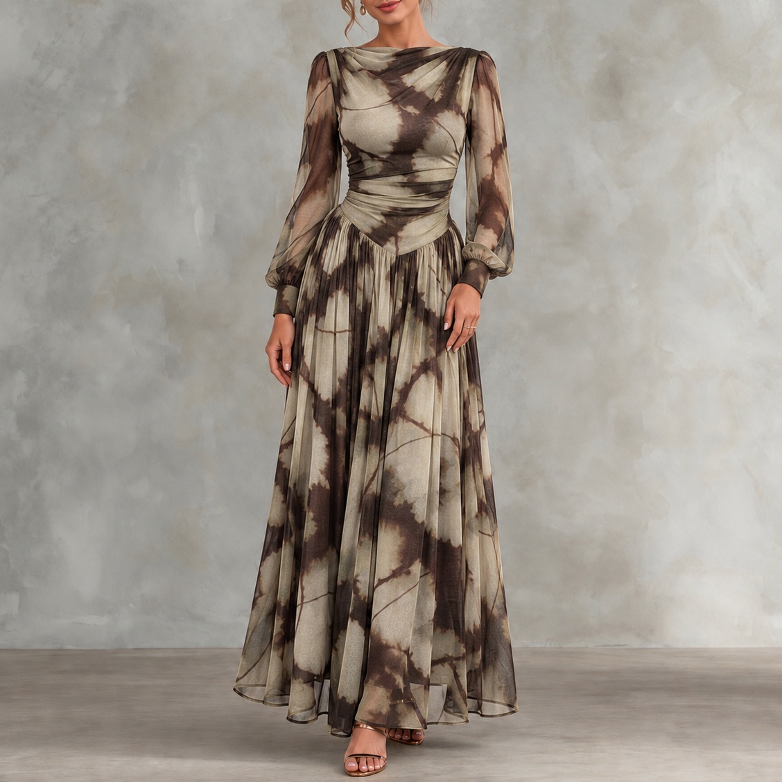Elegant Long-sleeved Print Maxi Dress