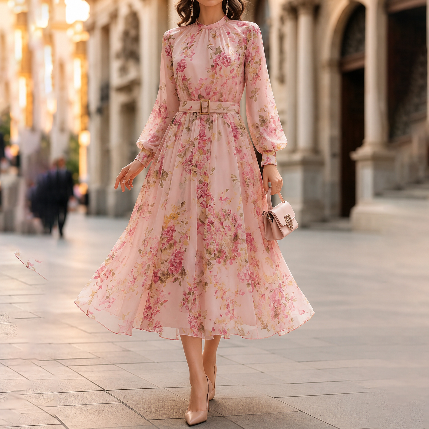 Elegant Printed Long-sleeved Fitted Waist Tie Maxi Dress
