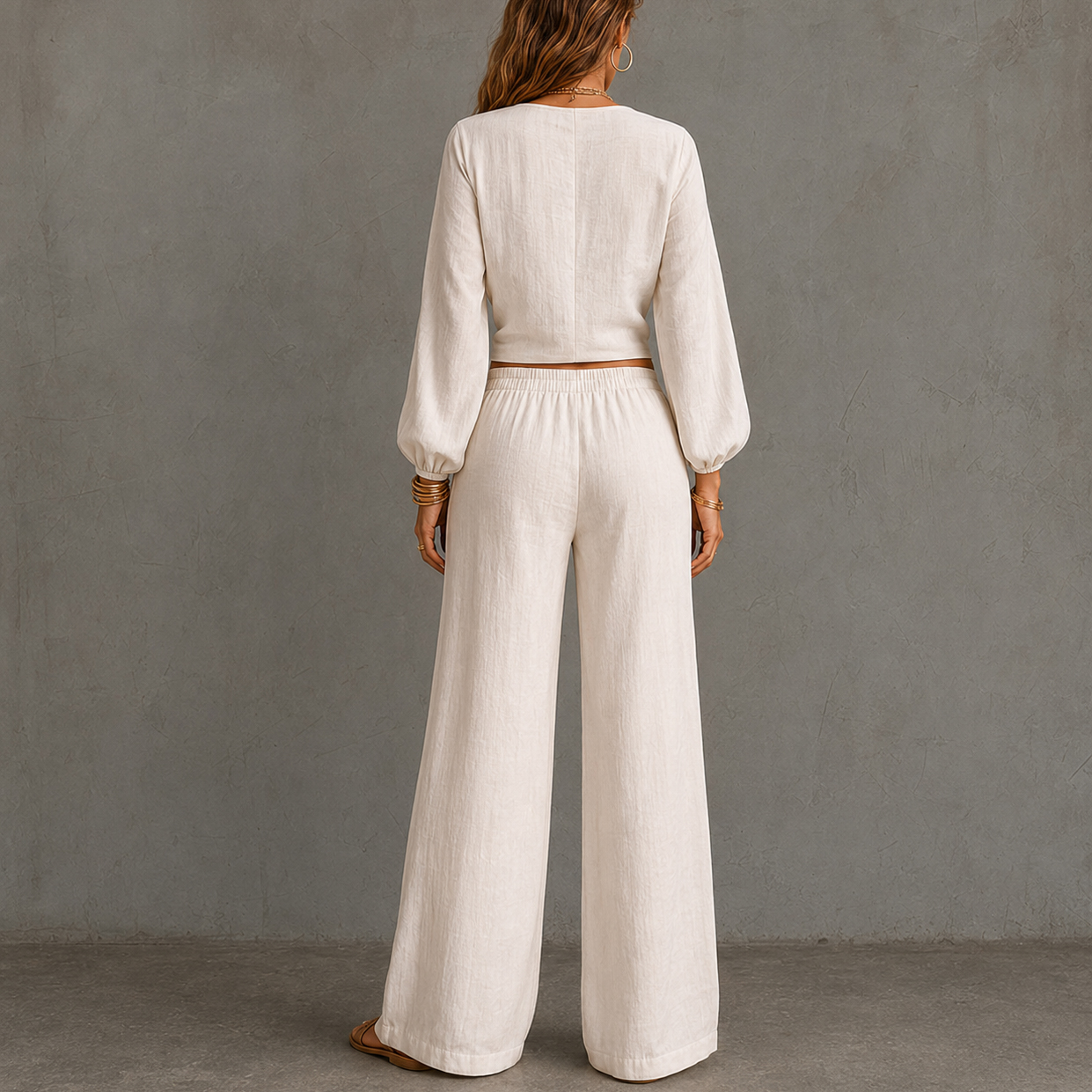 Fitted Waist Belted V-neck Top And Wide-leg Pants Two-piece Set