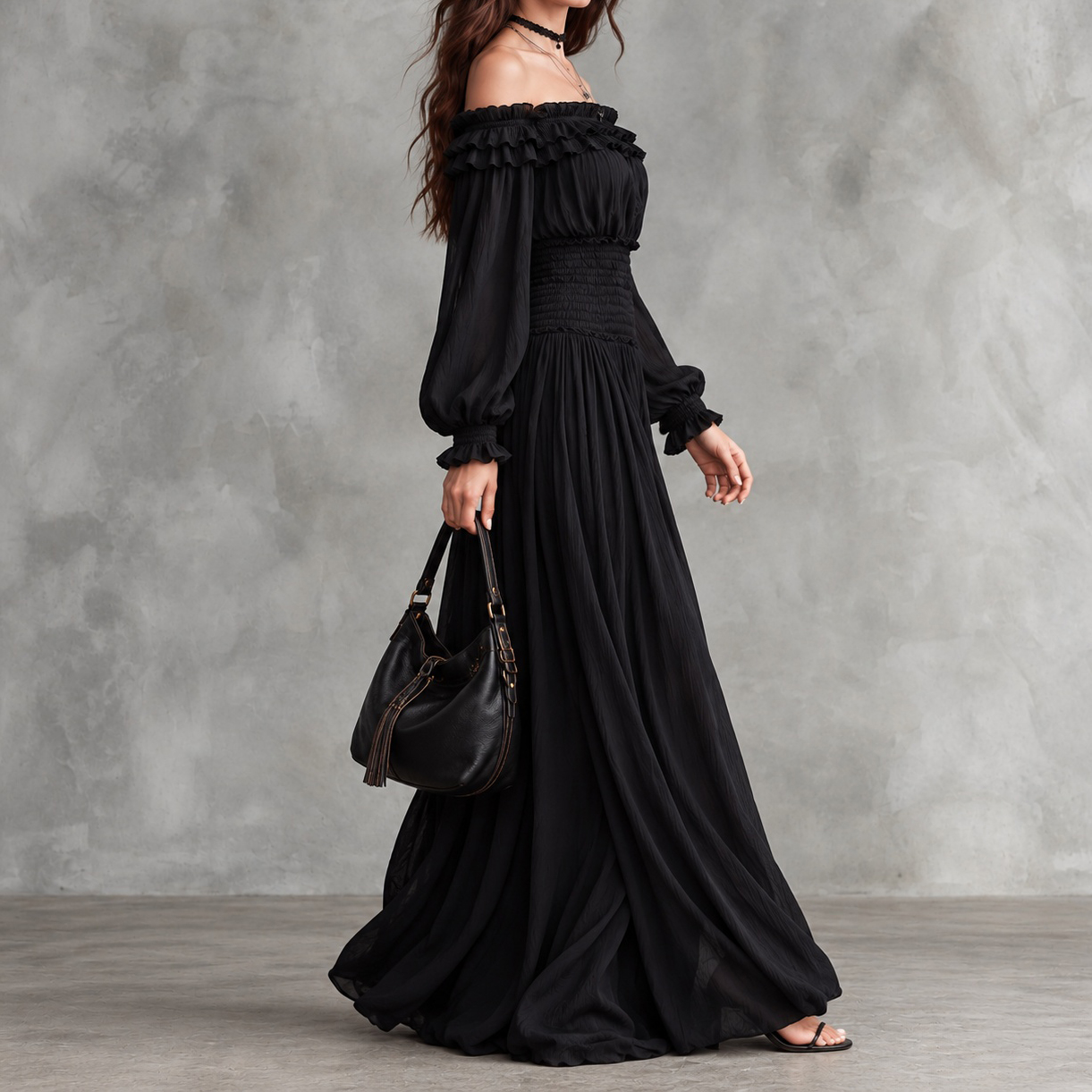 Off-the-shoulder Long-sleeved Ruffled Maxi Dress