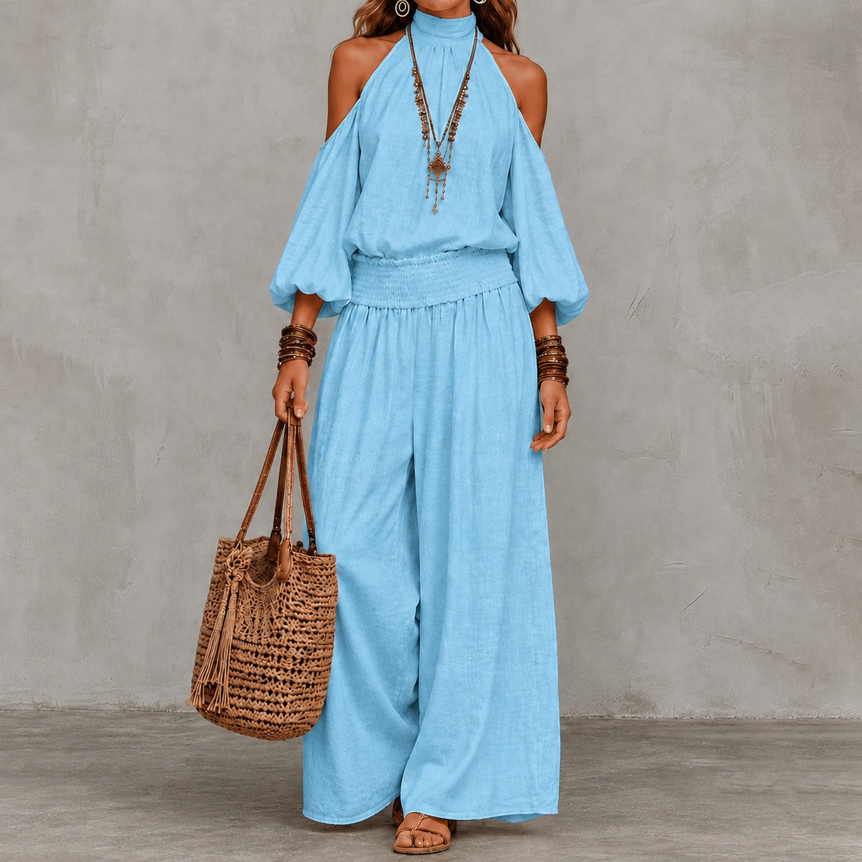 Elegance Long-sleeved Openwork Top And Gathered Trousers Two-piece Set