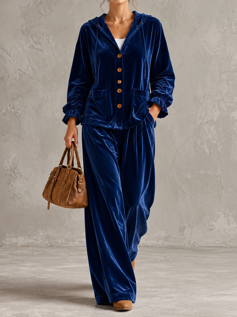 Elegance Velvet Hooded Cardigan And Wide-leg Pants Set