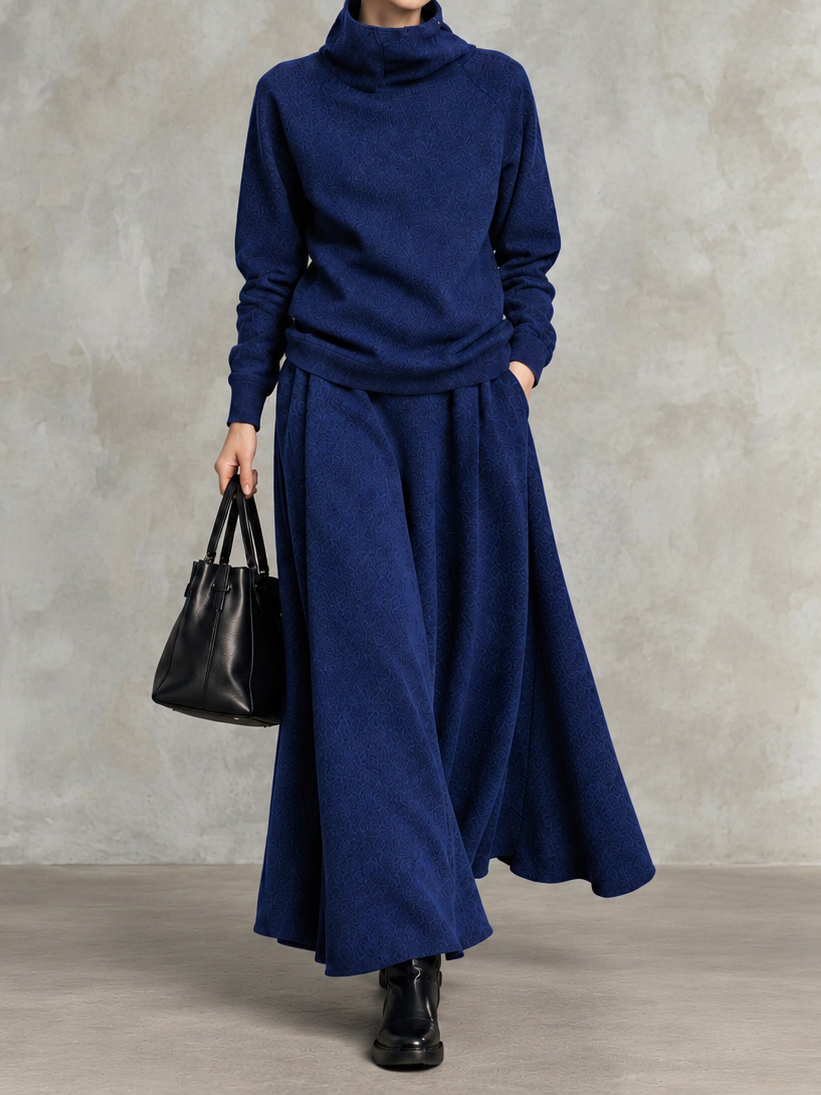 Elegance Solid-color High-neck Sweatshirt And Long Skirt Two-piece Set