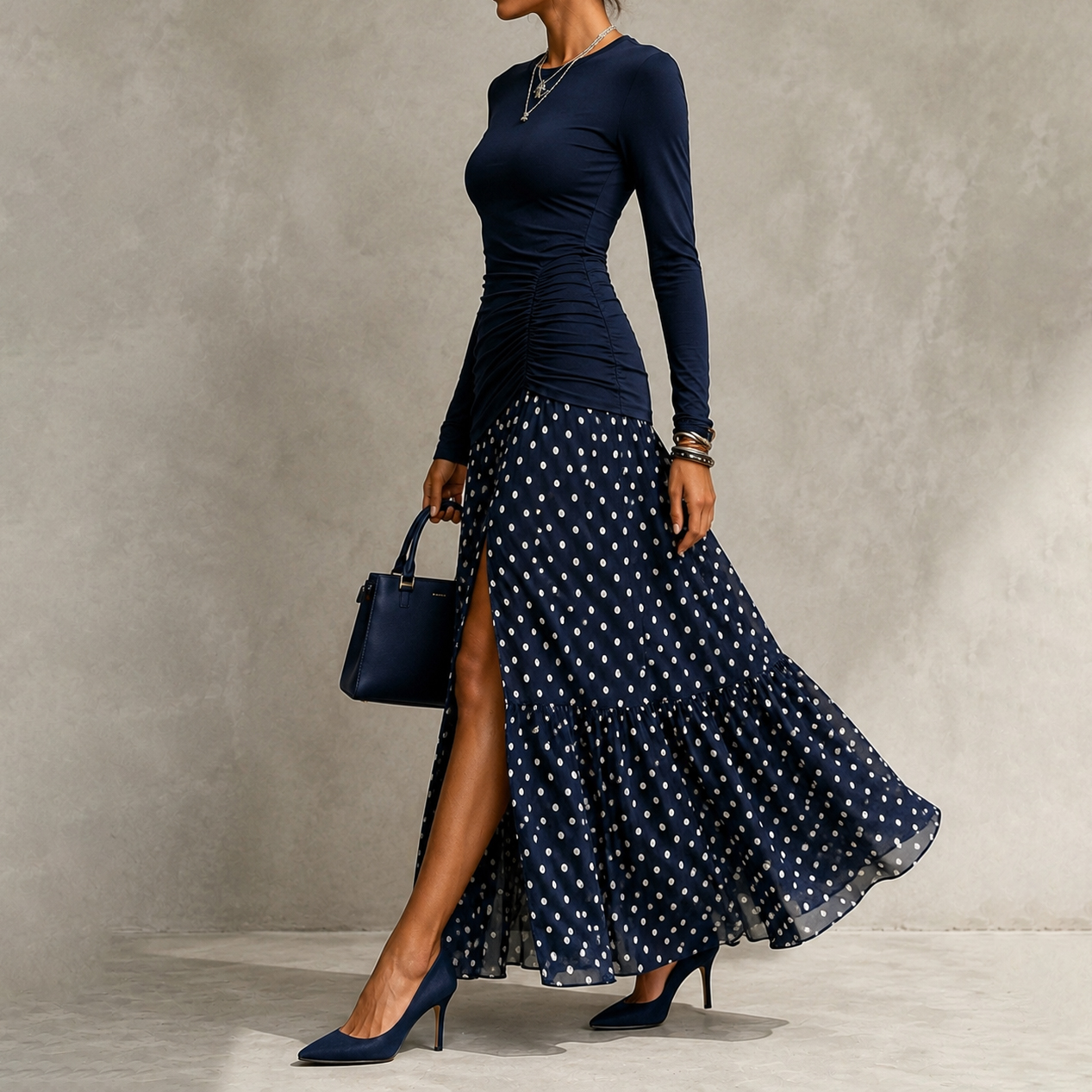Elegant Long Sleeve Polka Dot Slit Maxi Dress