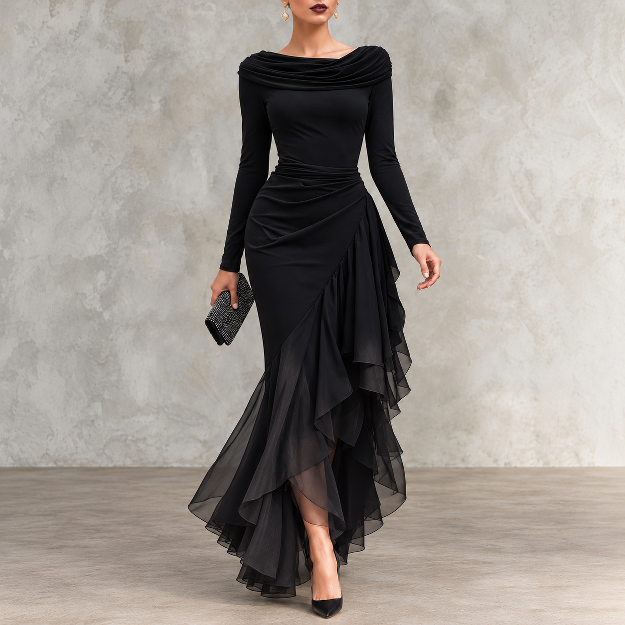 Mock Neck Long-sleeved Fishtail Maxi Dress