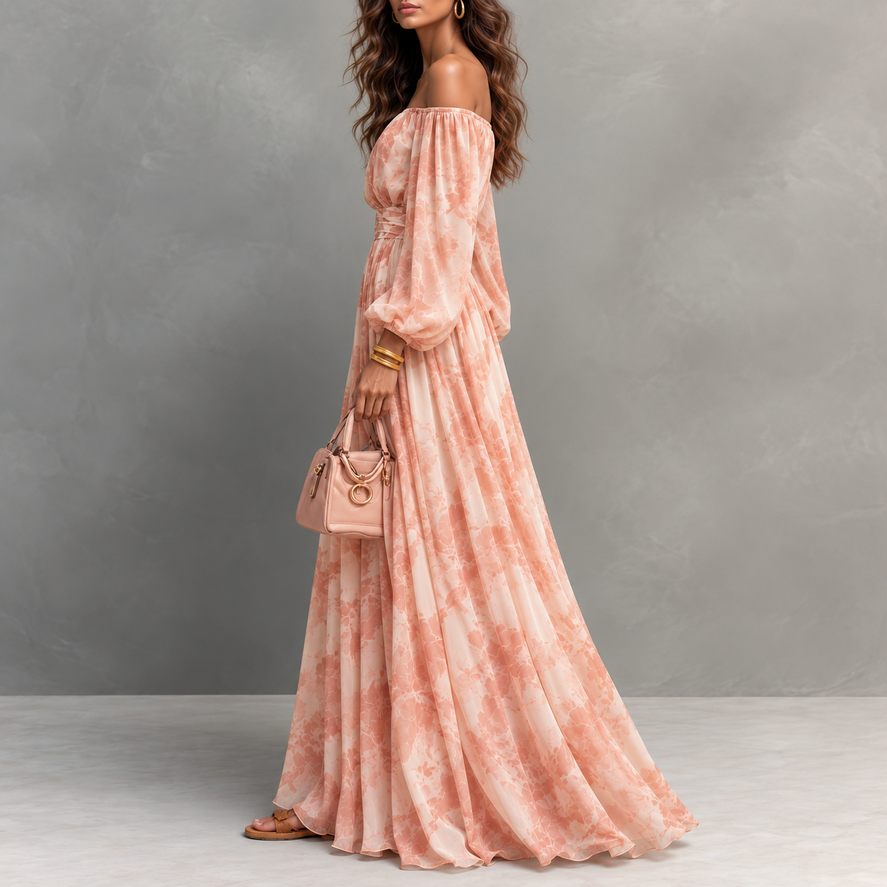 Elegant Off-the-shoulder Long-sleeve Printed Chiffon Top Maxi Dress