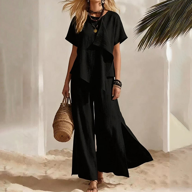 Casual Irregular Tops With Slits And Wide-leg Pantstwo-piece Set