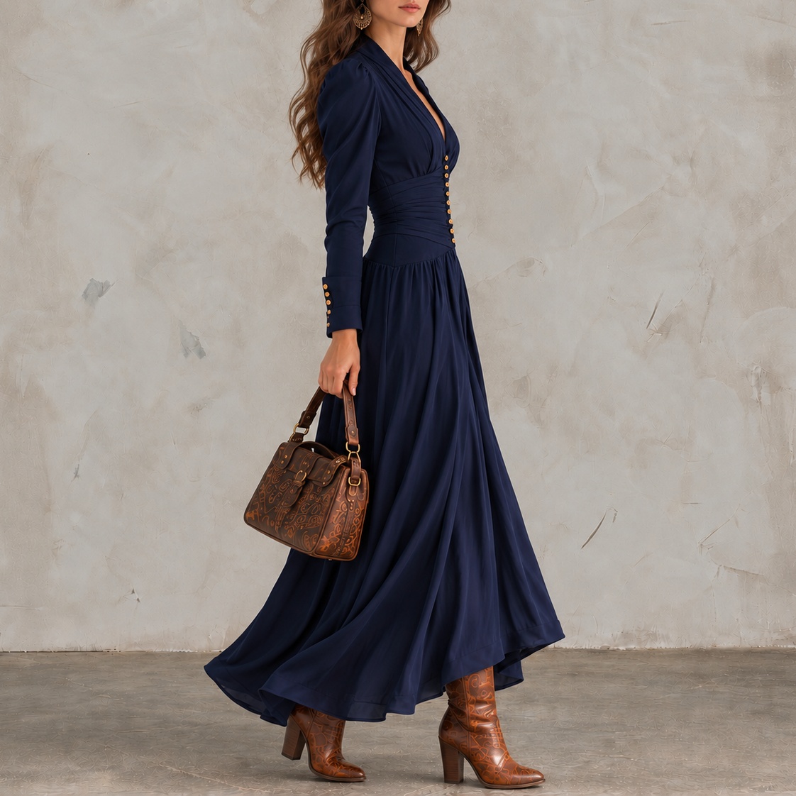 Retro Long-sleeved V-neck Top With Puff Sleeves And A Fitted Waist Maxi Dress